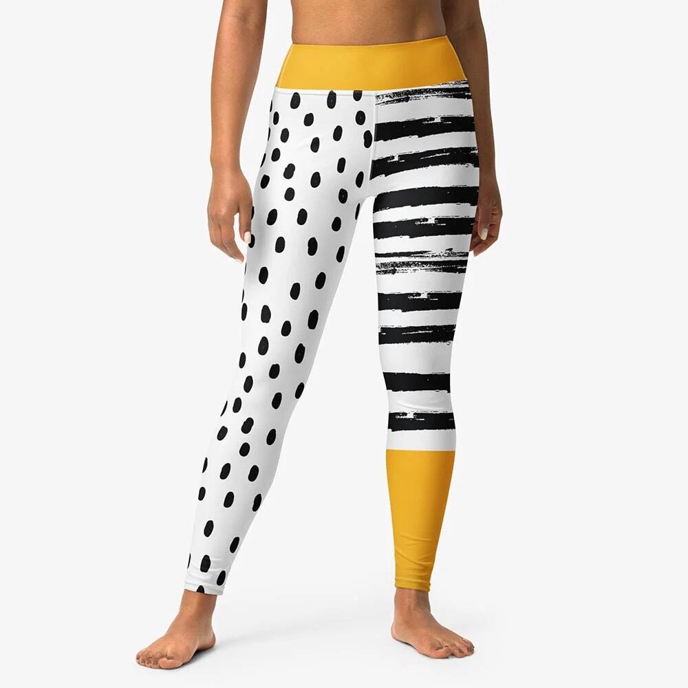 Loony Legs London Women’s Leggings Sz M Yellow Black White Dots & Stripes Polka